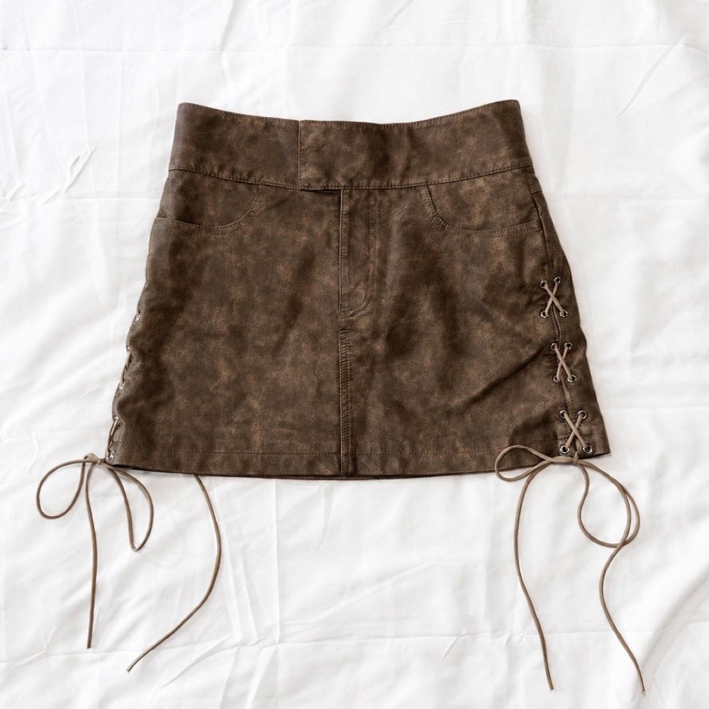 Princess Polly Brown Faux Leather Lace Up Mini Skirt Y2K US 4